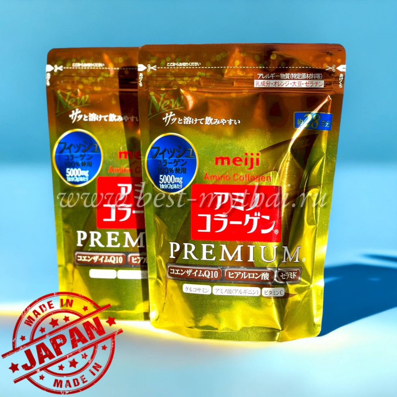Коллаген-порошок морской с гиалуроновой кислотой и витамином С для суставов и связок MEIJI Amino Collagen Premium, на 28 дней.